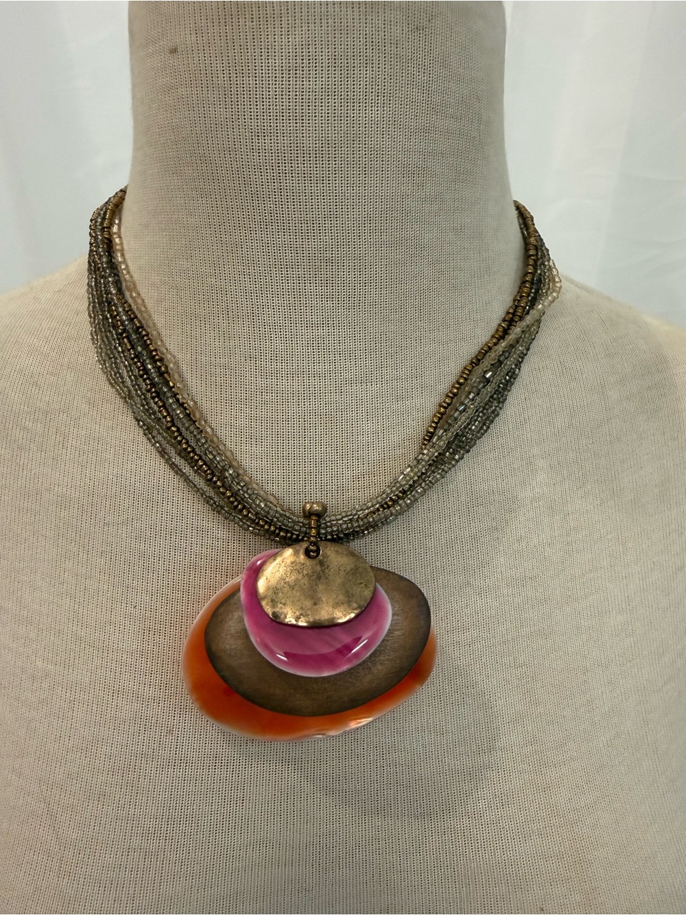 Multistrand Beaded Necklace with Pink & Orange Pendant